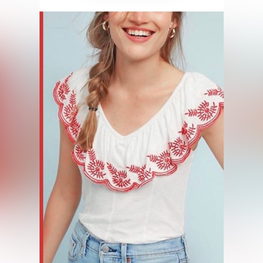 **MARKDOWN! **Free-Anthropologie PEASANT TOP; ruffled  w embroidery + **FREE TOP